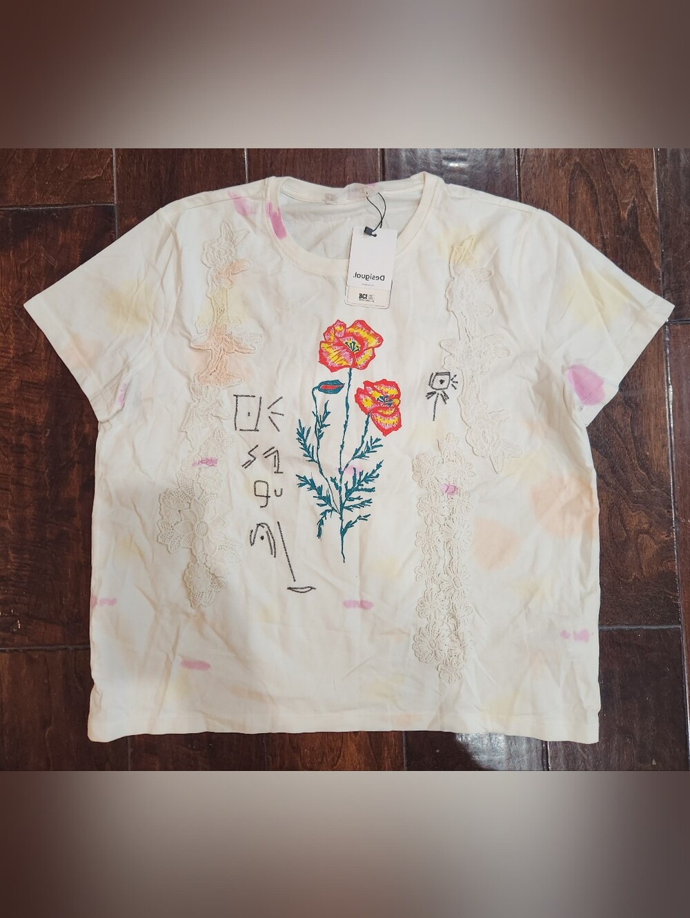 Desigual White Short-Sleeve Tee with Pink & Yellow Floral Appliqué